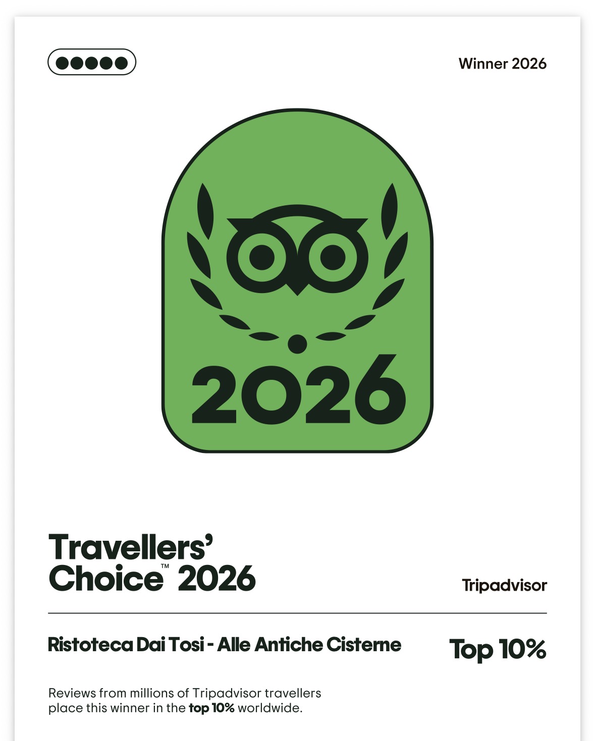 Certificato Tripadvisor Travelers’ Choice 2026 per Ristoteca Dai Tosi – Alle Antiche Cisterne, Top 10% worldwide