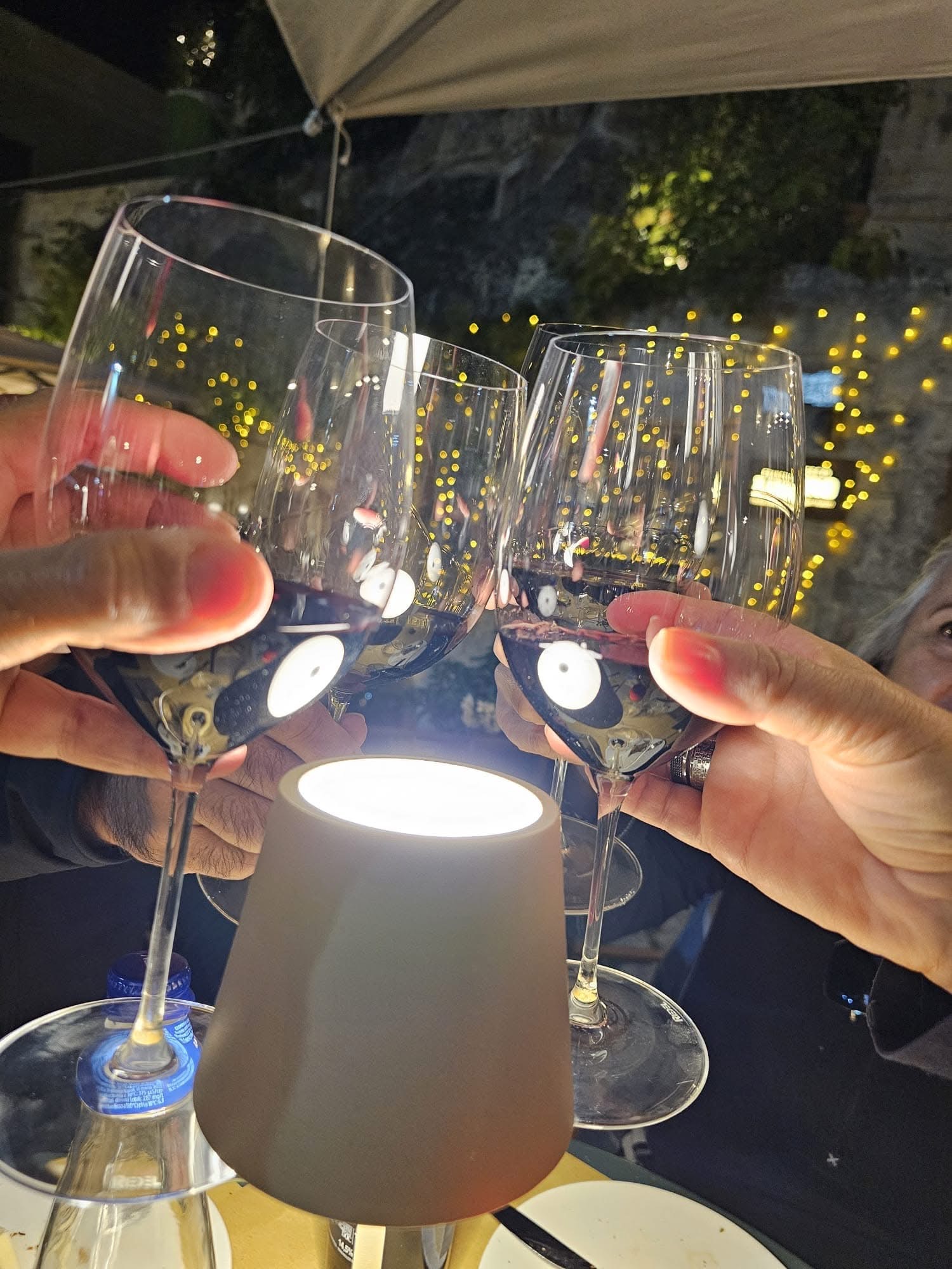 Calici alzati durante un momento conviviale in terrazza